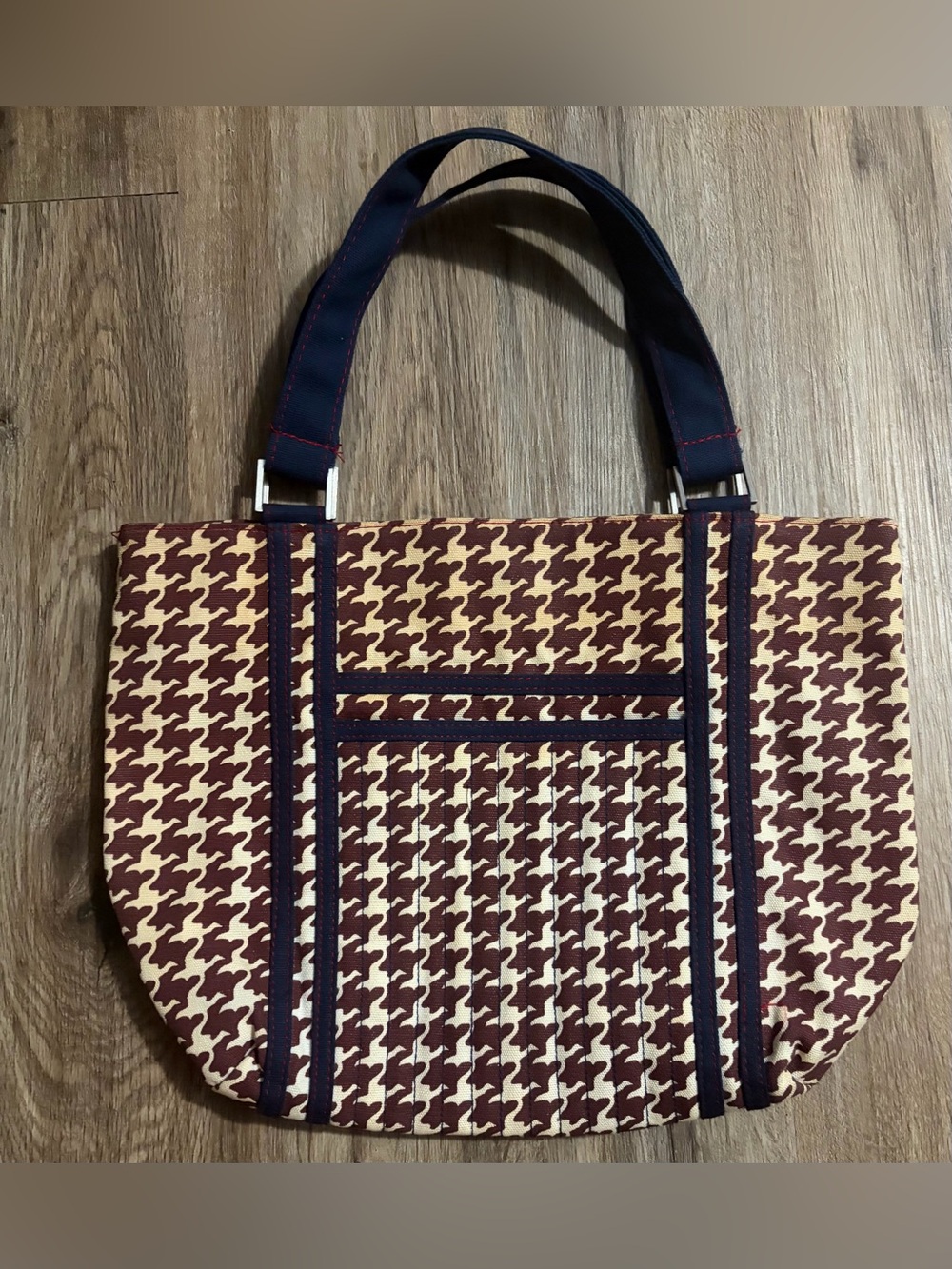 Source Unknown Burgundy and Cream Houndstooth Tote Bag